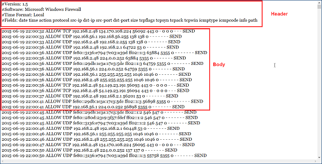 Пример заголовка и тела журнала Windows Firewall