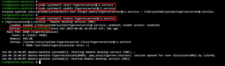 Запуск сервиса tigervncserver@:1.service