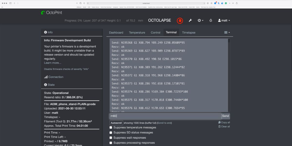 M83 command to put printer into relative mode