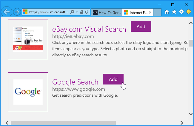 Галерея поисковых провайдеров Internet Explorer