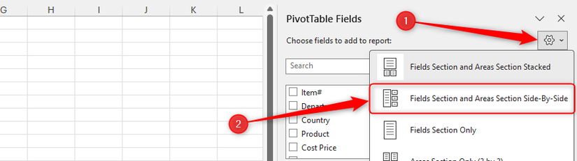 В меню «Инструменты» панели полей выбрана настройка «Раздел полей и раздел областей бок о бок».