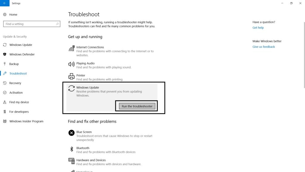 Запуск средства устранения неполадок Windows Update