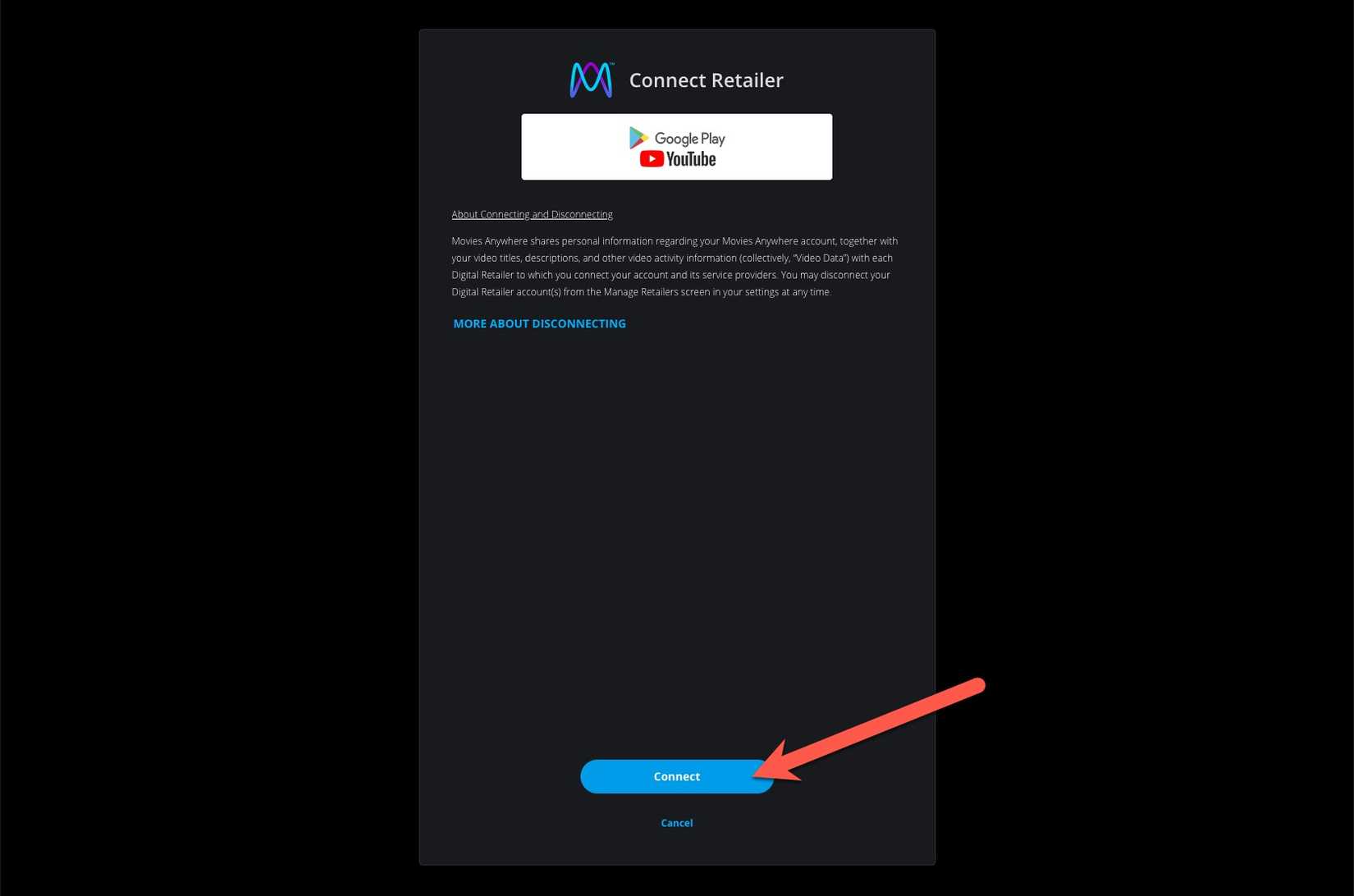 Экран настройки подключения Google в Movies Anywhere