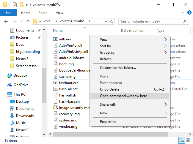 Открытие командной строки в папке с ADB
