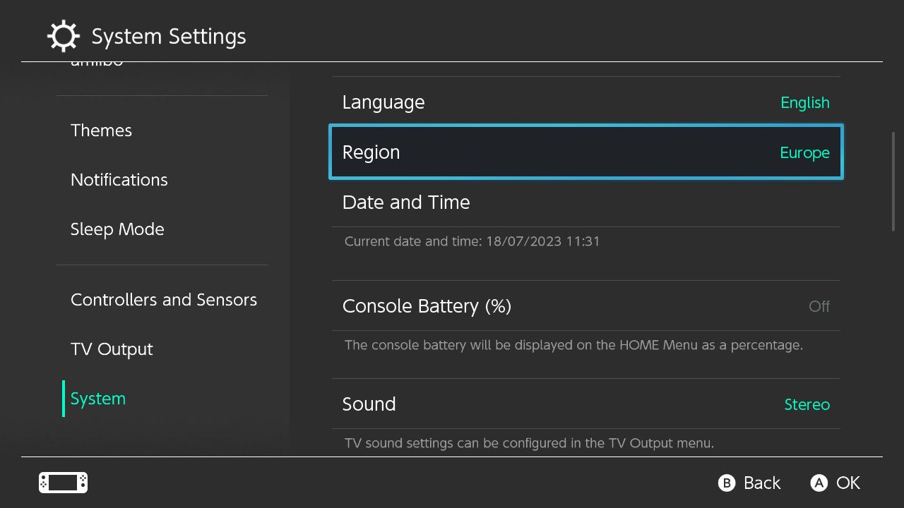 Скриншот настроек системы Nintendo Switch с выделенным пунктом Регион