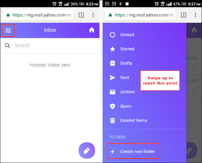 Открытое мобильное меню с пунктом создания папки