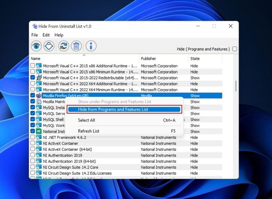 Выбор опции скрыть в Hide From Uninstall List