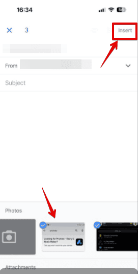Выбор фотографий для вложения в письме