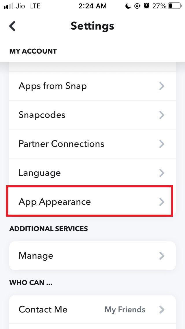 Выберите пункт App Appearance в настройках Snapchat