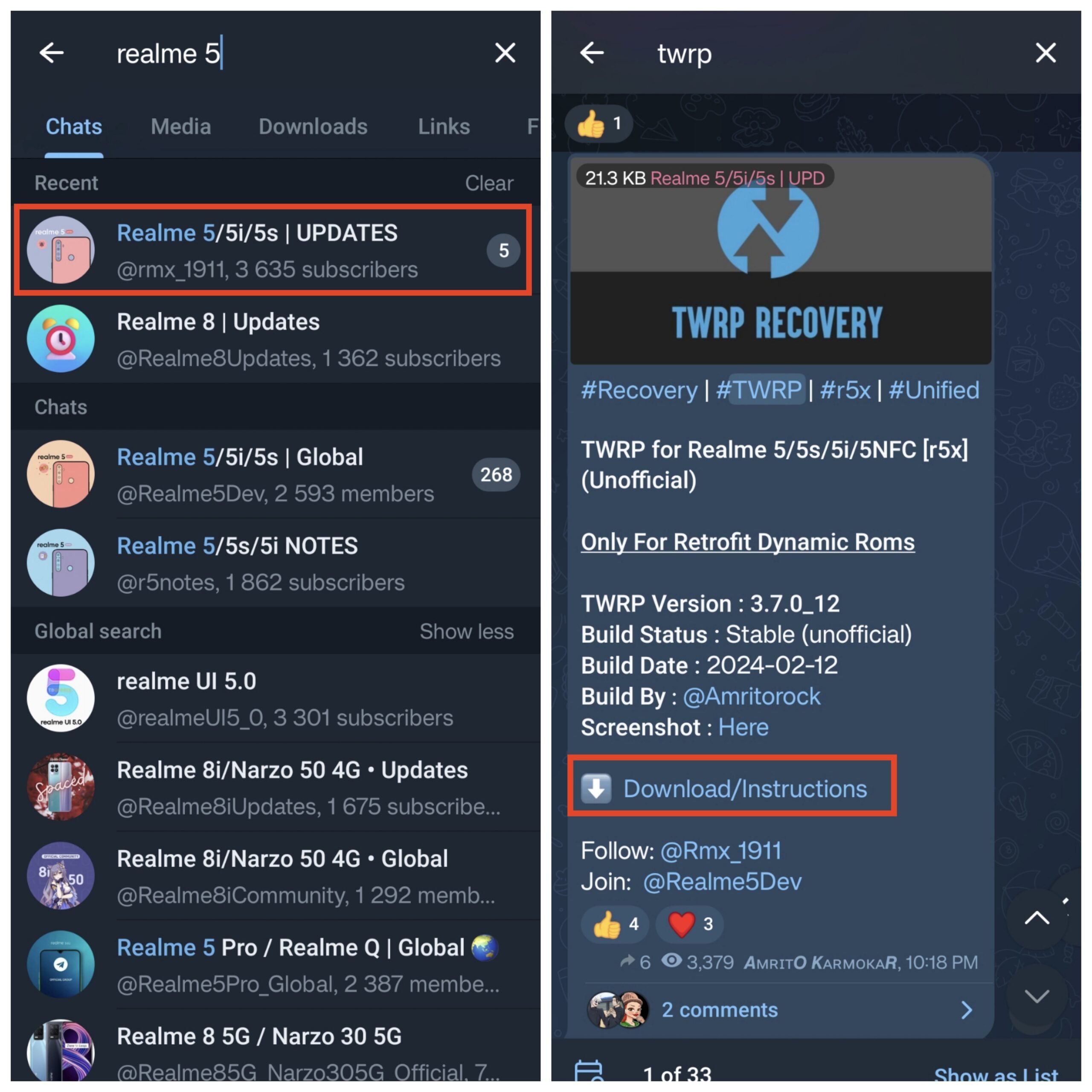 Скачивание неофициального TWRP из Telegram