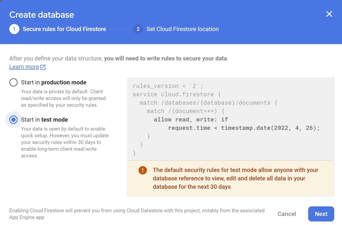 Окно выбора правил безопасности Firestore
