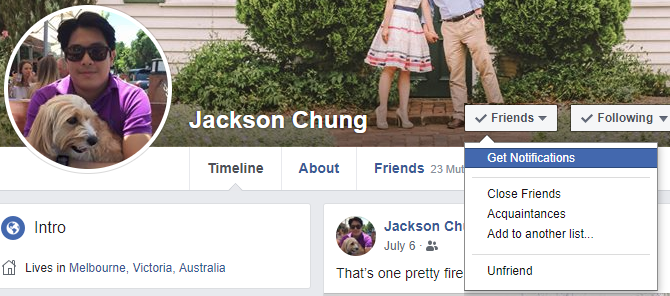 Скриншот включения опции Получать уведомления для профиля пользователя в Facebook