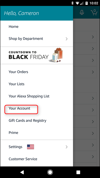 Меню мобильного приложения Amazon