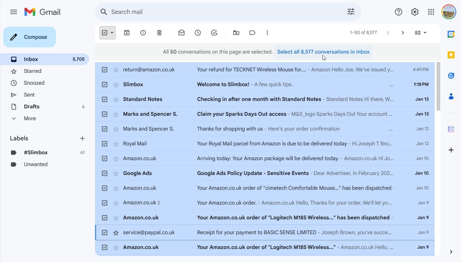 Кнопка 'Выделить все беседы во входящих' в Gmail