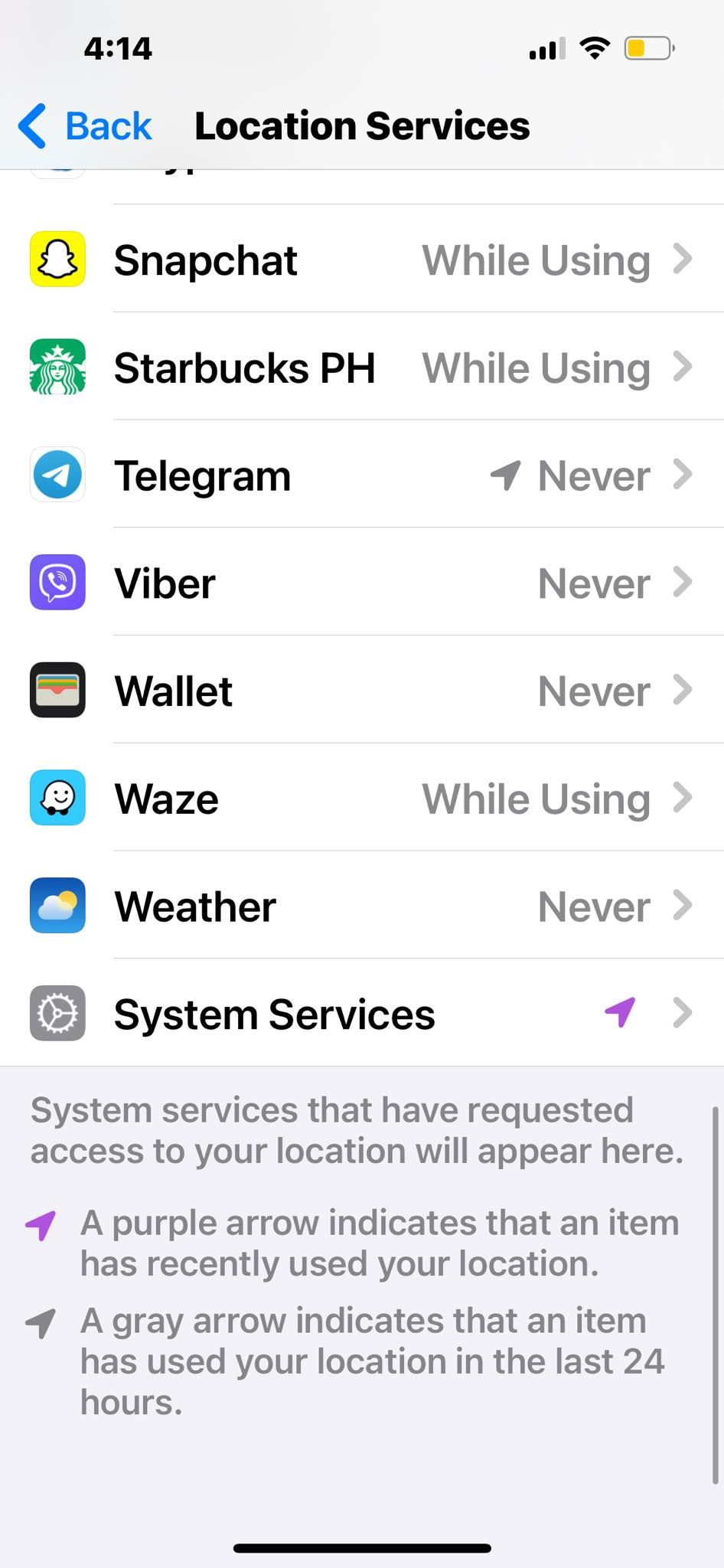 Прокрутка до Telegram в списке служб геолокации iOS