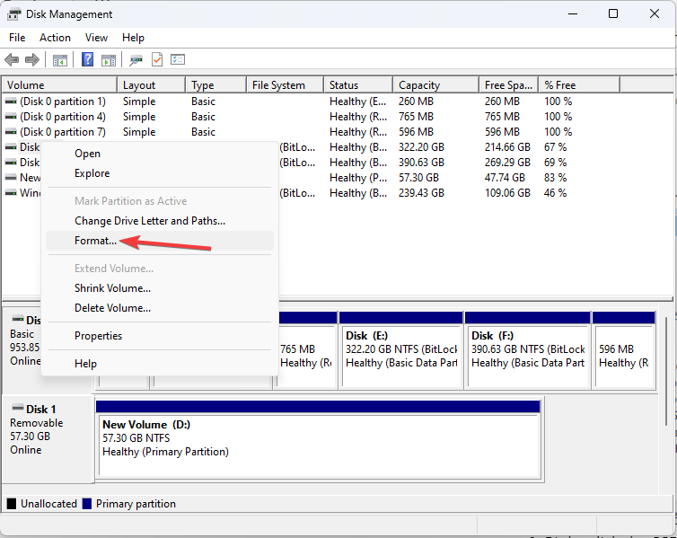 Меню Форматировать диск в Управлении дисками