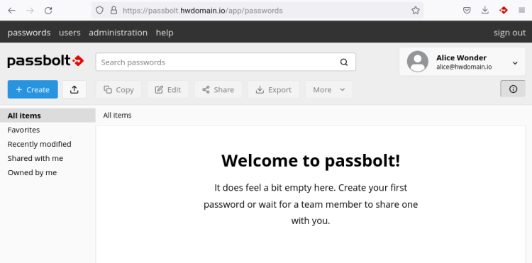Панель пользователя Passbolt
