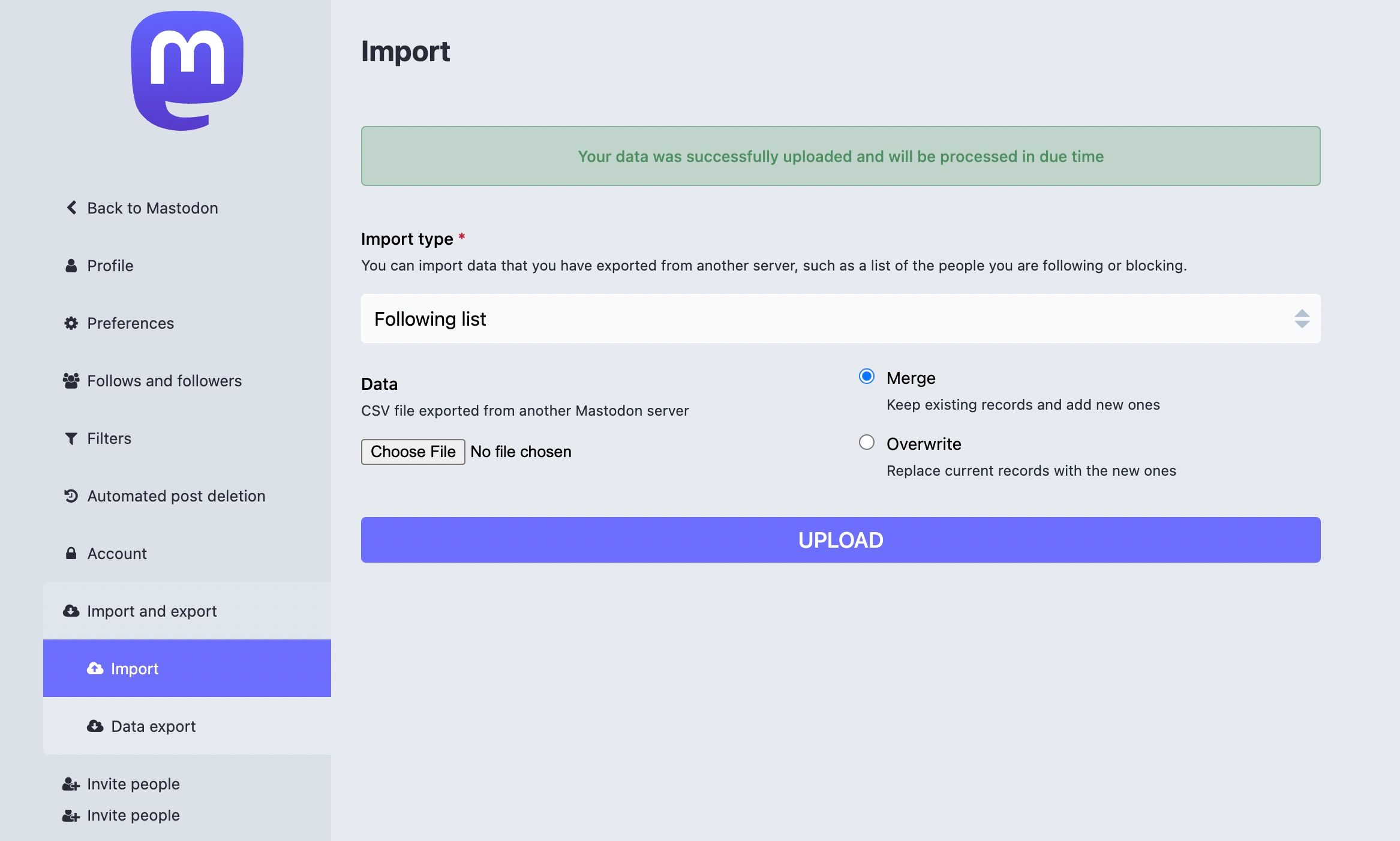 Импорт списка подписок в Mastodon