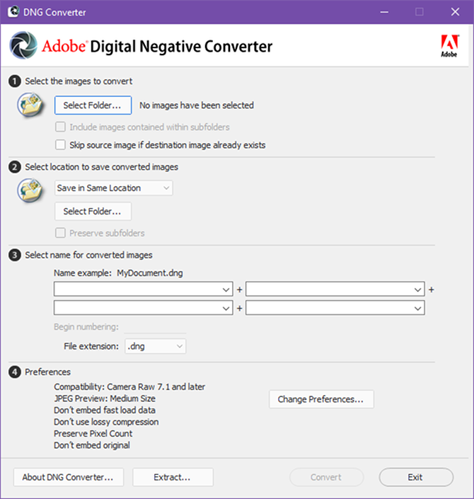 Интерфейс Adobe DNG Converter: окно настроек и кнопка Convert