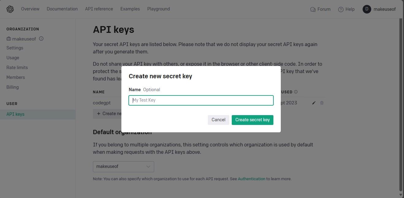 Страница создания секретного ключа OpenAI