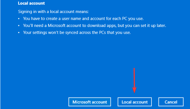 Кнопка Локальная учётная запись