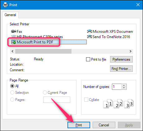 Выбор виртуального принтера Microsoft Print To PDF в списке принтеров