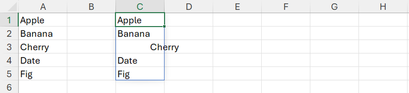 Динамический массив в Excel успешно проходит через ячейки с применённой настройкой Center Across Selection.