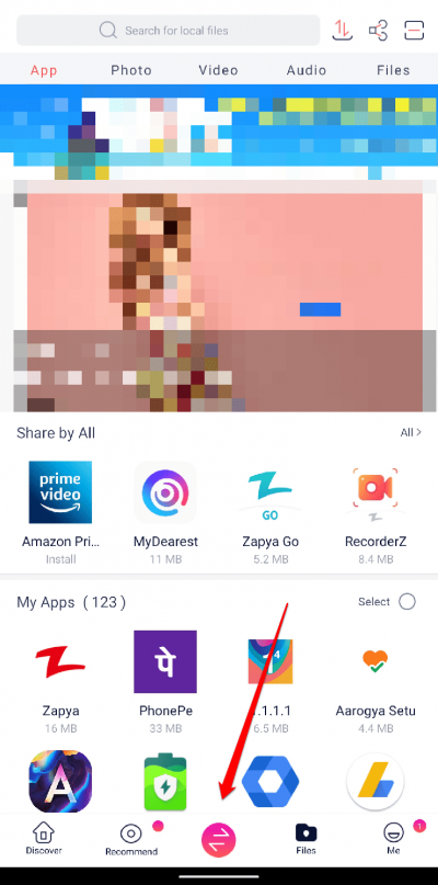 Transfer‑Button auf Android in Zapya