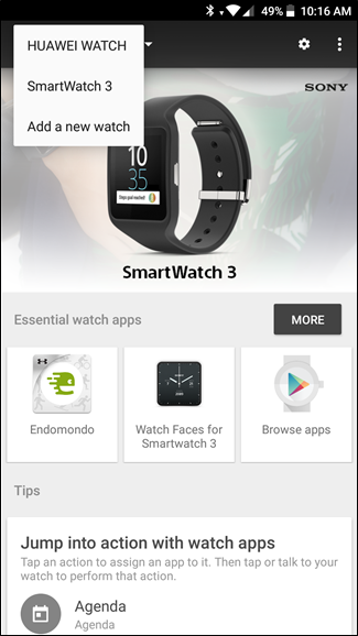 Список часов и опция переключения в приложении Android Wear