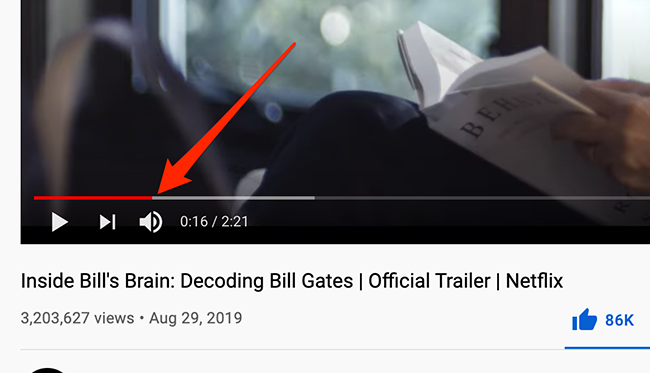 Выбор начальной точки для клипа в видео YouTube.