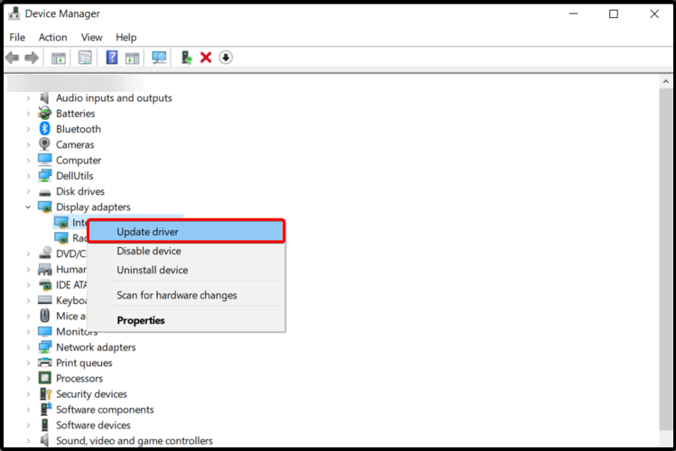 Контекстное меню устройства с опцией Update driver