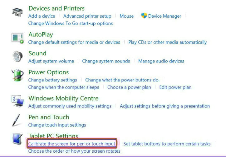 Кнопка калибровки экрана для пера или касания в Панели управления