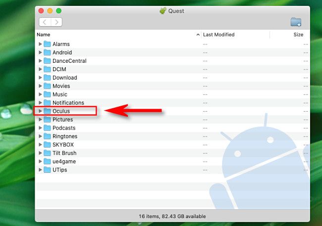 В Android File Transfer откройте папку Oculus