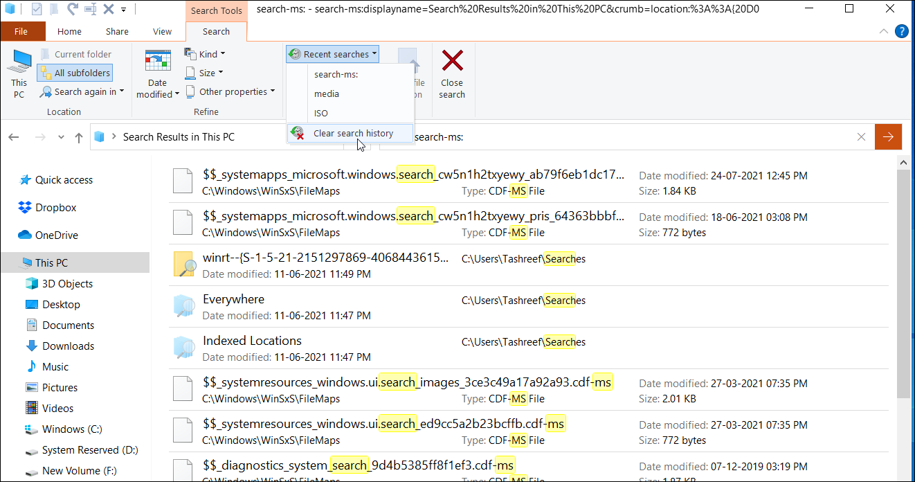 Вкладка Поиск в Проводнике с опцией очистки истории