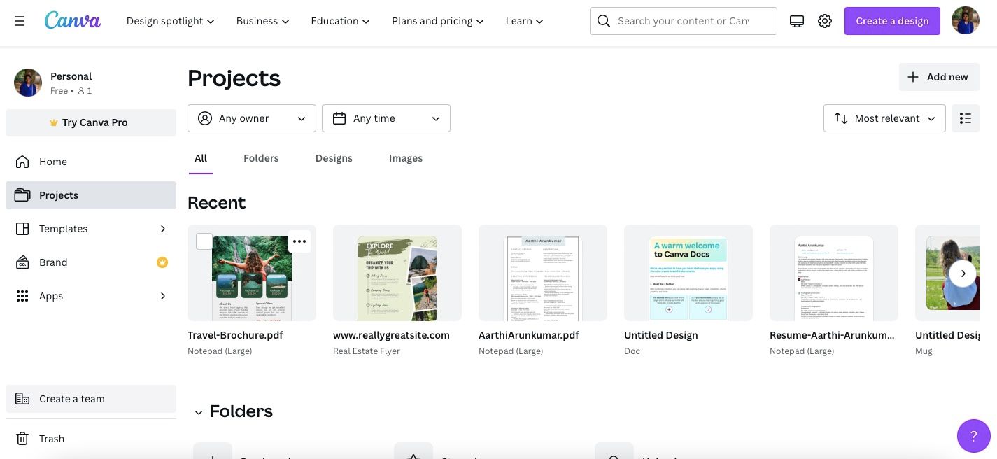 Папка 'Проекты' в Canva со списком файлов