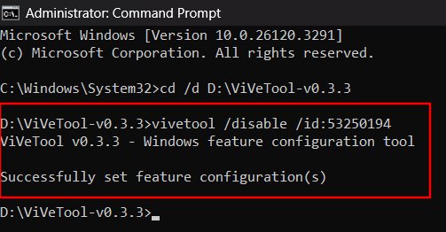 Отключение фичи через ViVeTool — результат