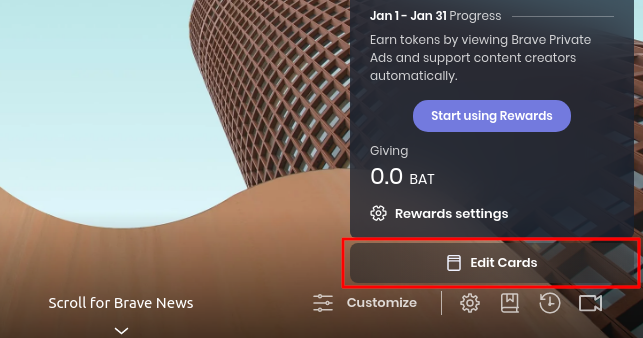 Кнопка «Изменить карточки» на странице новой вкладки Brave
