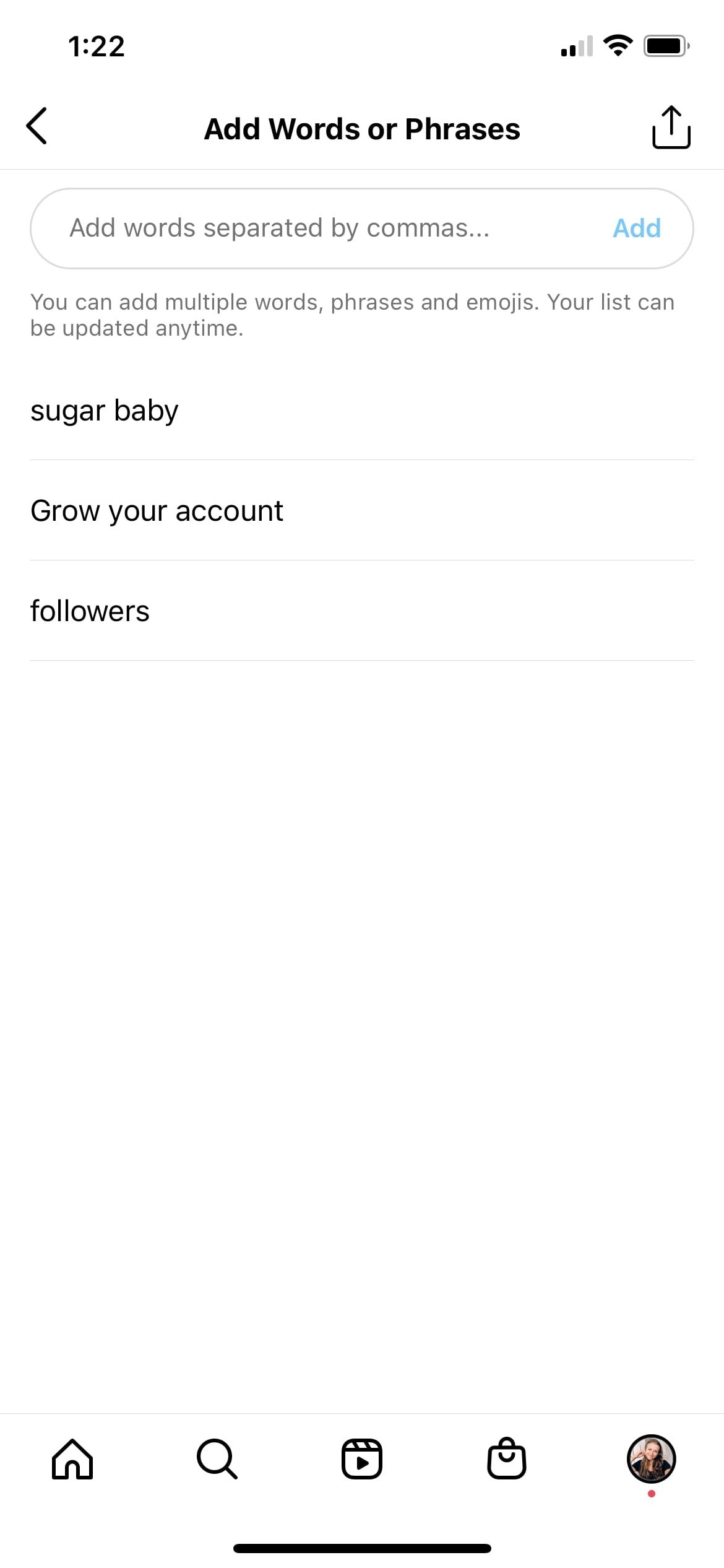 Пользовательский список скрытых слов в Instagram