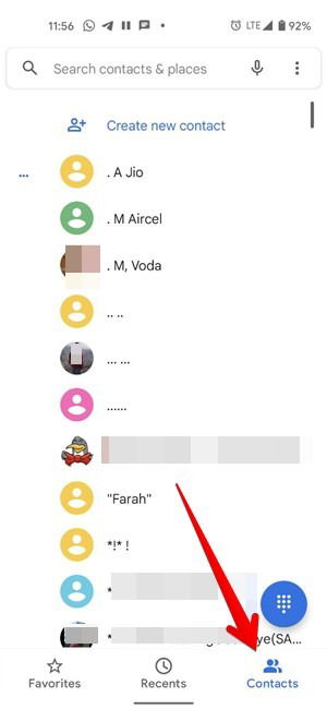 Android: вкладка Контакты в приложении Телефон (пример)