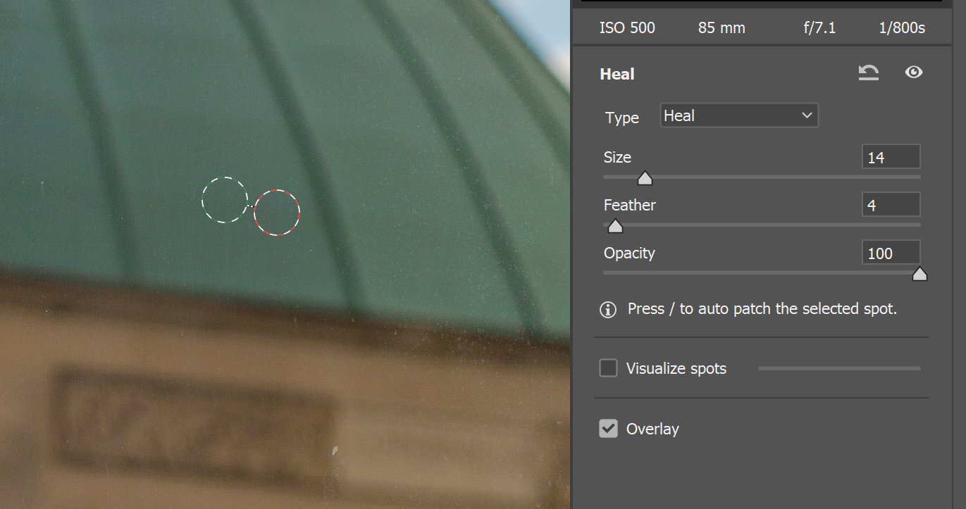 Ретуширование пятен в Camera Raw