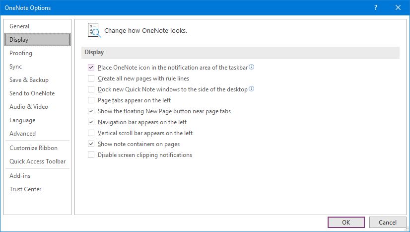 Параметры отображения OneNote: опция для значка в области уведомлений