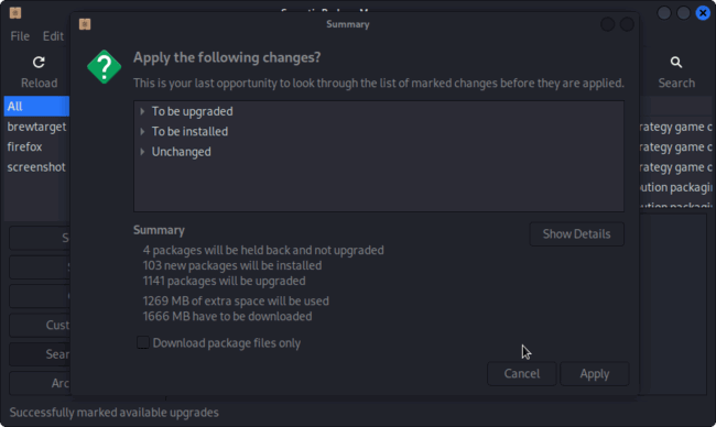 Подтверждение изменений в Synaptic перед обновлением