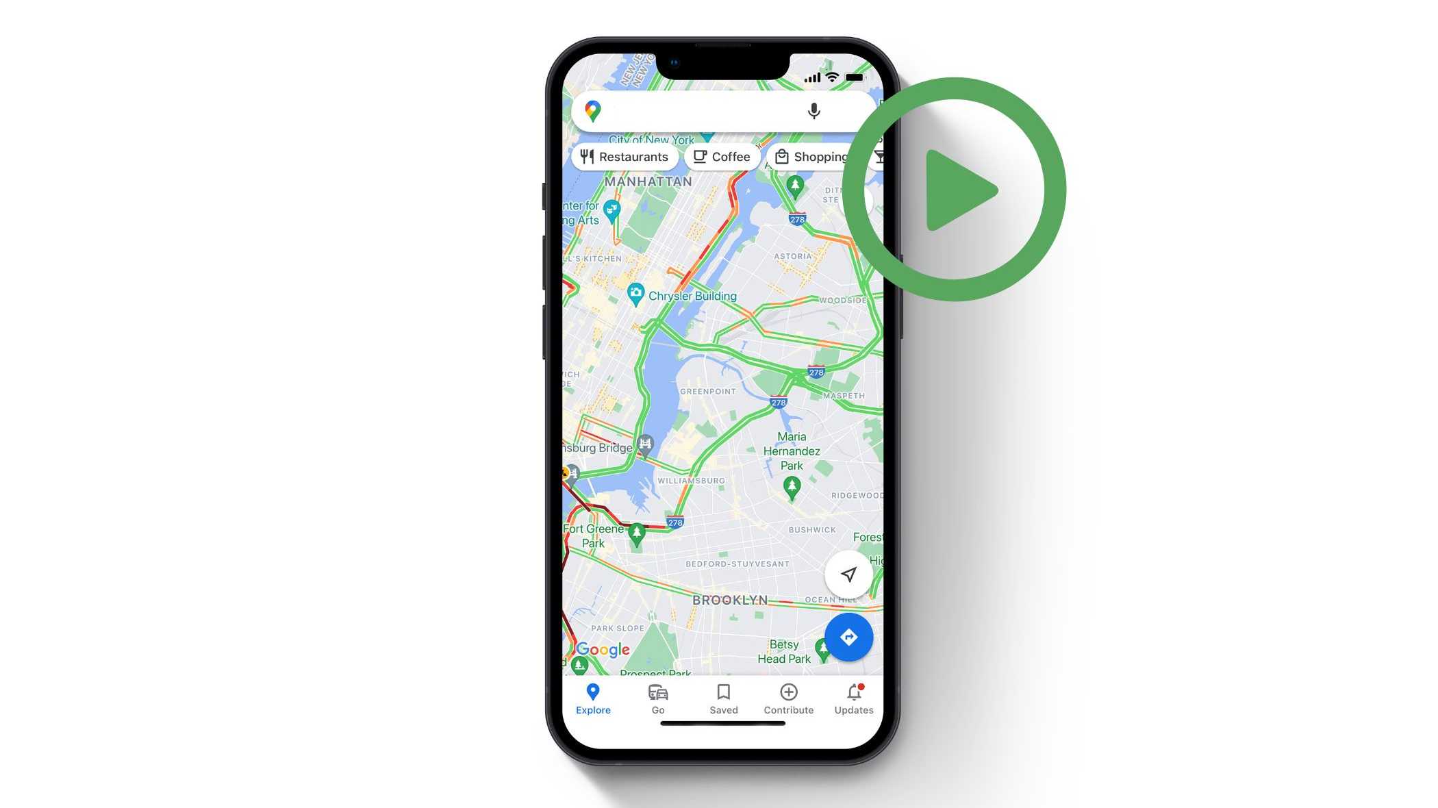 google maps on a smartphone with a play button icon
