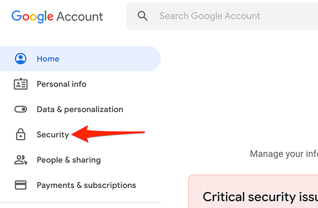 Выберите «Безопасность» на странице аккаунта Google.