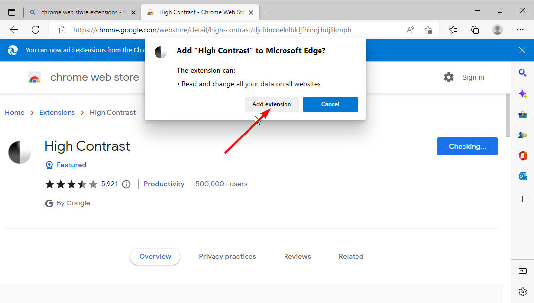 Добавленное расширение High Contrast в Edge