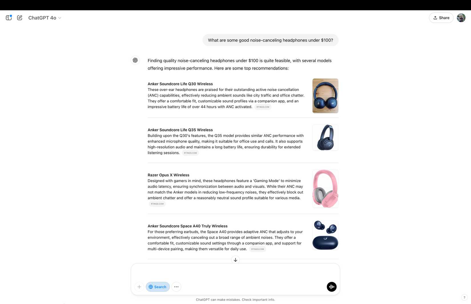 Список рекомендуемых руководств и моделей наушников, предложенных ChatGPT Search