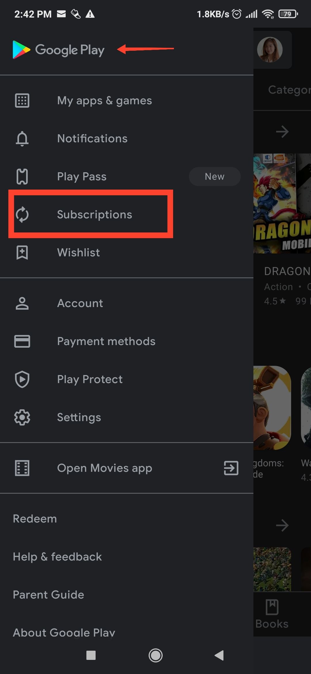 Список подписок в Play Маркете