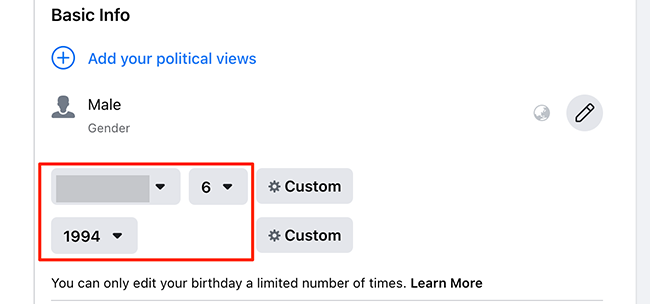 Форма изменения даты рождения с выпадающими списками для дня, месяца и года.