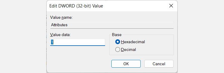Установка Value data для записи Attributes в редакторе реестра
