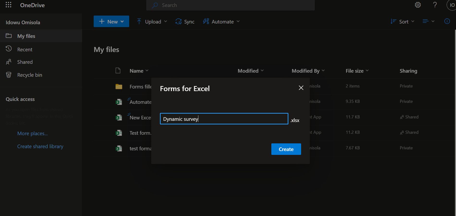 Окно ввода названия формы при создании Forms for Excel в OneDrive